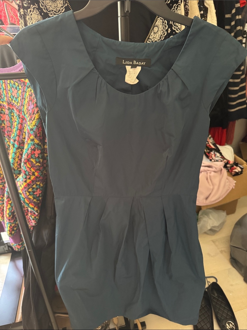 Lida Baday Dark Teal Cap-Sleeve Pleated Waist Dress